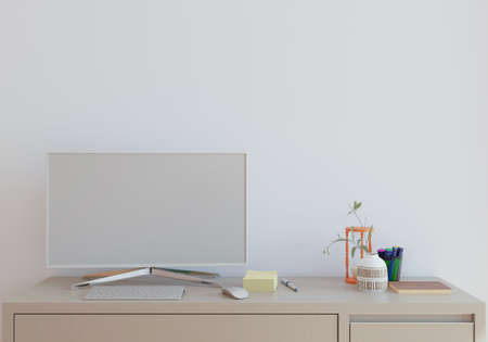 Mockup wall with table in living room with a white wall

modern living room with monitor. scandinavian interior design furniture

table and plants with white wall. copy space. 3D rendering.の写真素材