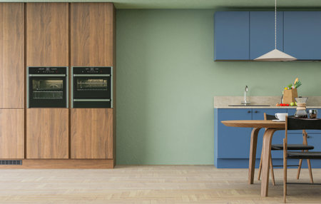Mockup wall with armchair in cooking room with a green wall

 wall. copy space. 3D rendering.の写真素材