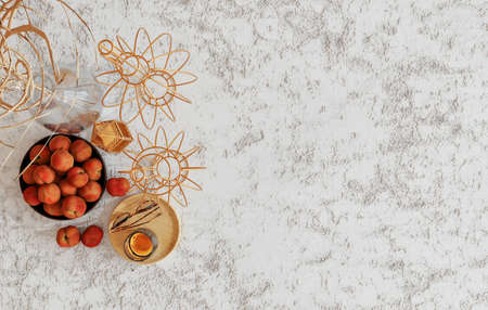 Mock up the top view of table in white with decorations. 3D rendering.