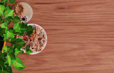 Mock up the top view of table in white with decorations. 3D rendering.
