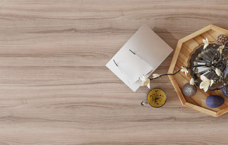 Mock up the top view of table in white with decorations. 3D rendering.の写真素材