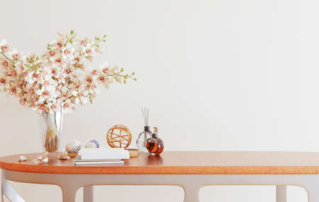 Mockup wall with armchair in living room with a white wallmodern living room with sofa. scandinavian interior design furnituresofa chair and plants with white wall. copy space. 3D rendering.の写真素材