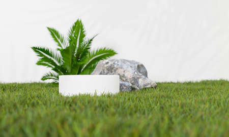 3d rendering Minimal modern product display on neutral background. podium and green leaves. Concept scene stage showcase for new product, promotion sale, banner, presentation, cosmeticの写真素材