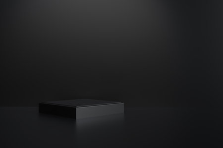 Black product background stand or podium pedestal on advertising display with blank backdrops. 3D rendering.の写真素材