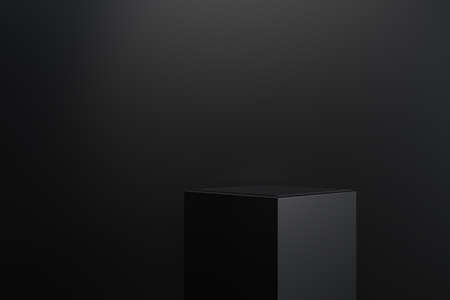 Black product background stand or podium pedestal on advertising display with blank backdrops. 3D rendering.の写真素材