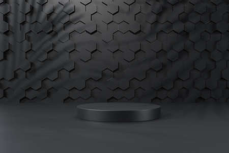 Black product background stand or podium pedestal on advertising display with blank backdrops. 3D rendering.の写真素材