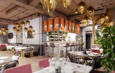 restuarant with modern sofa and decorations, copy space. 3D rendering.の写真素材