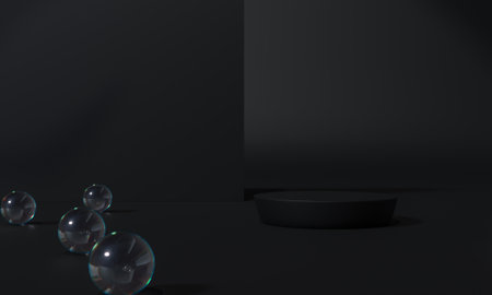 Black podium and black background stand or podium pedestal on advertising display with blank...