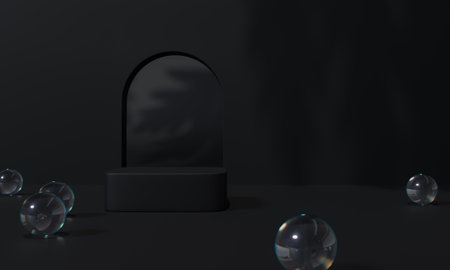 Black podium and black background stand or podium pedestal on advertising display with blank backdrops. 3D rendering.の写真素材