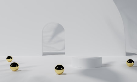 White podium and white background stand or podium pedestal on advertising display with blank backdrops. 3D rendering.の写真素材