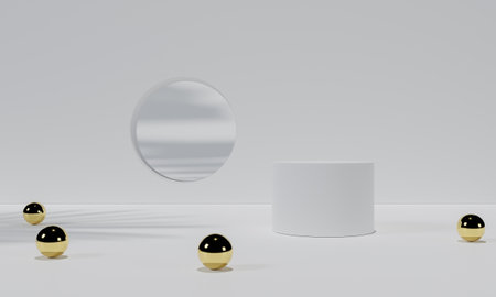 White podium and white background stand or podium pedestal on advertising display with blank...