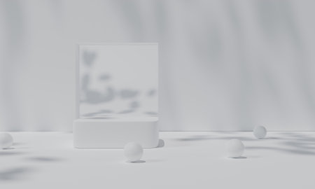 White podium and white background stand or podium pedestal on advertising display with blank backdrops. 3D rendering.の写真素材