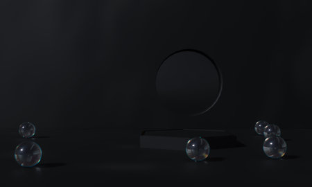 Black podium and black background stand or podium pedestal on advertising display with blank backdrops. 3D rendering.の写真素材