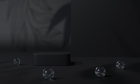Black podium and black background stand or podium pedestal on advertising display with blank backdrops. 3D rendering.の写真素材