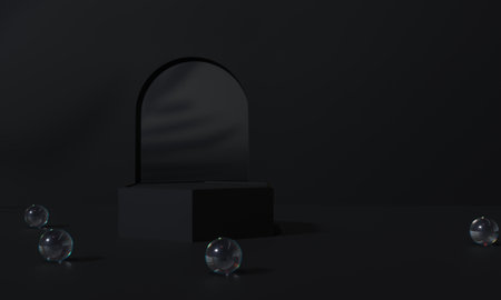 Black podium and black background stand or podium pedestal on advertising display with blank backdrops. 3D rendering.の写真素材