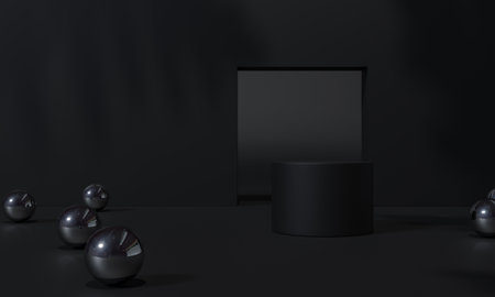 Black podium and black background stand or podium pedestal on advertising display with blank backdrops. 3D rendering.の写真素材