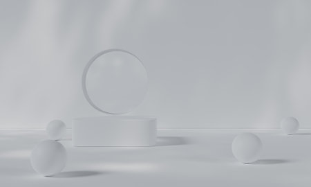 White podium and white background stand or podium pedestal on advertising display with blank backdrops. 3D rendering.の写真素材