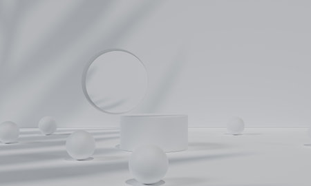 White podium and white background stand or podium pedestal on advertising display with blank backdrops. 3D rendering.の写真素材