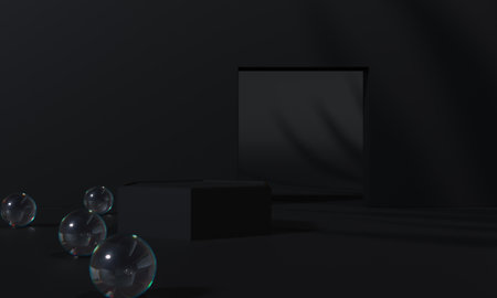 Black podium and black background stand or podium pedestal on advertising display with blank backdrops. 3D rendering.の写真素材