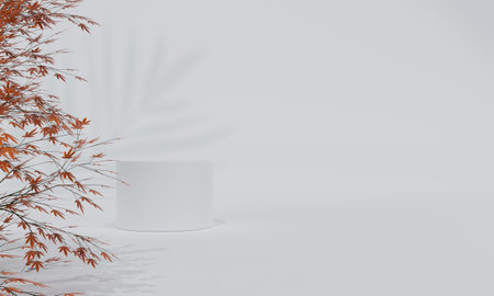 Podium with colorful pastel background and tree or leaf stand or podium pedestal on advertising display with blank backdrops. 3D rendering.の写真素材