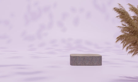 Podium with colorful pastel background and tree or leaf stand or podium pedestal on advertising display with blank backdrops. 3D rendering.の写真素材