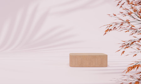 Podium with colorful pastel background and tree or leaf stand or podium pedestal on advertising display with blank backdrops. 3D rendering.の写真素材