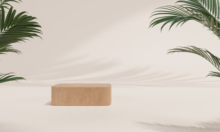 Podium with colorful pastel background and tree or leaf stand or podium pedestal on advertising display with blank backdrops. 3D rendering.の写真素材
