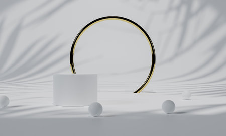 White podium and white background stand or podium pedestal on advertising display with blank backdrops. 3D rendering.の写真素材