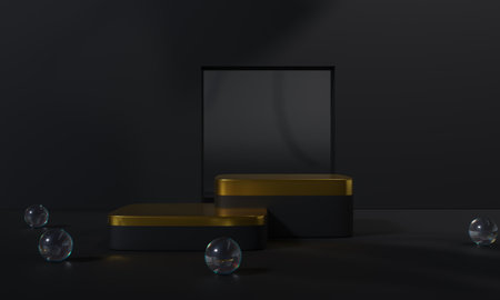 Black podium and black background stand or podium pedestal on advertising display with blank...