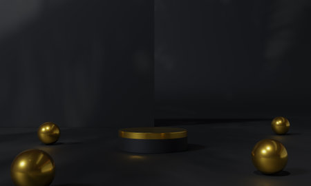 Black podium and black background stand or podium pedestal on advertising display with blank backdrops. 3D rendering.の写真素材