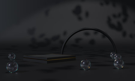 Black podium and black background stand or podium pedestal on advertising display with blank...