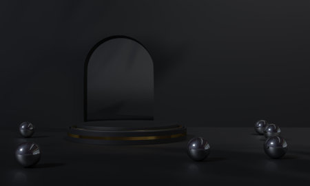 Black podium and black background stand or podium pedestal on advertising display with blank...