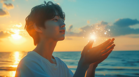 A serene image capturing a man holding the sparkling sunlight in his hands during a beautiful beach sunset.の素材