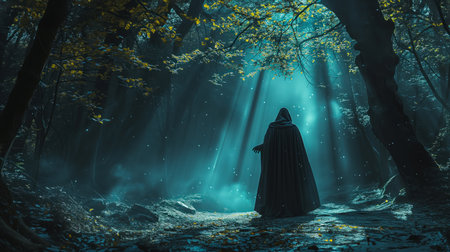 A cloaked figure stands in a mystical blue forest with ethereal light filtering through trees.の素材