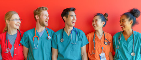 A cheerful group of medical professionals in colorful scrubs sharing laughter against a vibrant red background.の素材