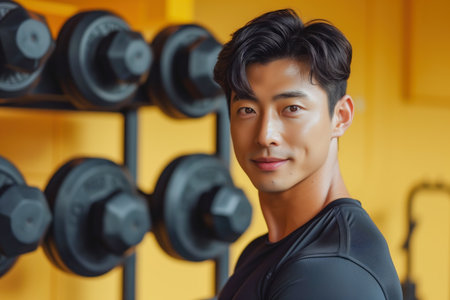 Happy Asian fitness enthusiast with a friendly smile preparing for a weightlifting session at the gym.の素材