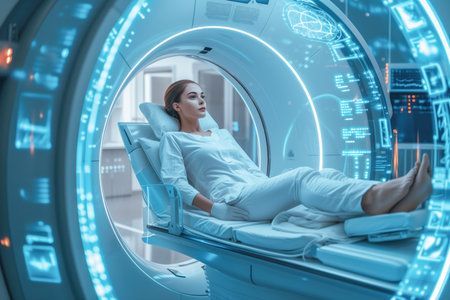 A patient lies calmly as she undergoes a diagnostic scan in a futuristic MRI machine with sophisticated virtual interface technology.の素材