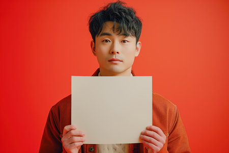 Young man in casual attire holding a blank beige sign, ready for your message, with a vibrant red background.の素材