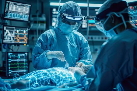 A surgical team is focused on a procedure in a state-of-the-art operating room equipped with the latest technology and monitoring equipment.の素材