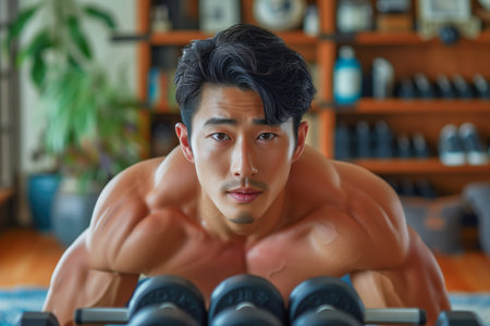 Muscular Asian man intensely working out with heavy dumbbells in a well-equipped gym environment.の素材