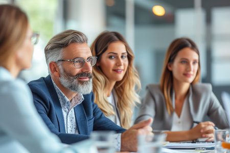 Three corporate executives engage in a focused strategic discussion during a boardroom meeting with a clear view of the city in the background.の素材