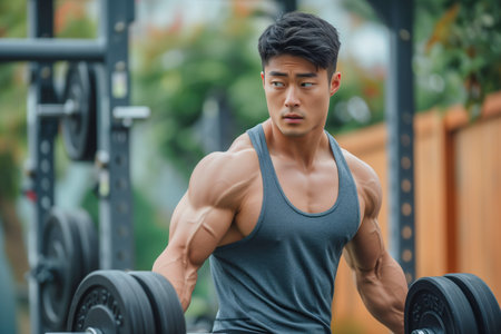 Muscular Asian athlete focused on lifting weights outdoors, with a squat rack in the background and nature surrounding.の素材