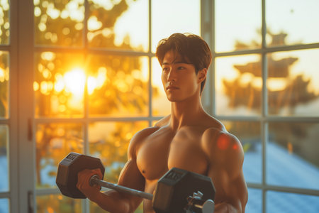 Muscular man performing bicep curls with dumbbells during a golden hour workout in a gym with a scenic sunset view.の素材