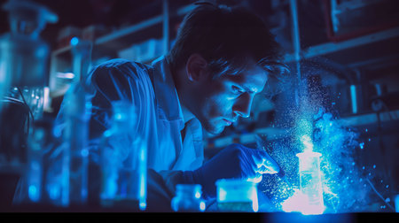 A dedicated chemist in a lab coat is closely examining a glowing chemical reaction in a dark laboratory, showcasing a moment of scientific discovery.の素材