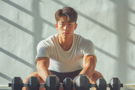 A focused Asian athlete in a white t-shirt getting ready for a dumbbell workout in a brightly lit gym.の素材