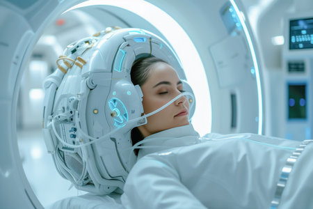 A patient lies calmly as she undergoes a diagnostic scan in a futuristic MRI machine with sophisticated virtual interface technology.の素材