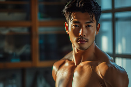 An athletic Asian man with a sculpted body stands confidently by the window, sunlight casting shadows over his muscular physique.の素材