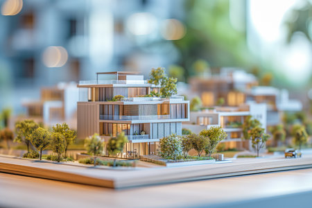 A detailed architectural scale model showcases a modern residential development with sustainable design elements and landscaped surroundings.

vの素材