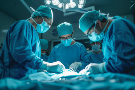 A dedicated surgical team is focused on a complex procedure under the bright lights of a state-of-the-art operating room.の素材