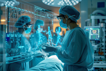 A dedicated surgical team is focused on a complex procedure under the bright lights of a state-of-the-art operating room.の素材